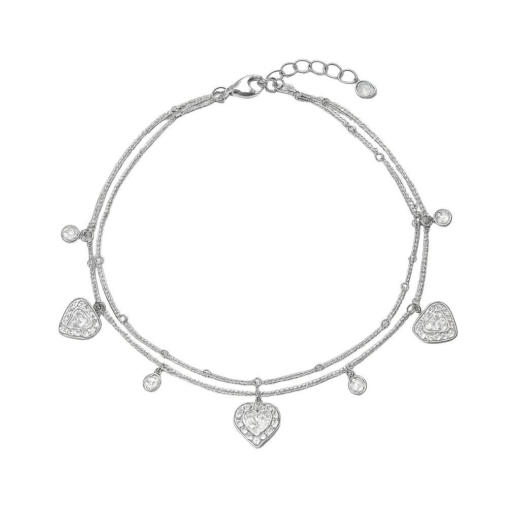 Silver Double Chain Heart Anklet