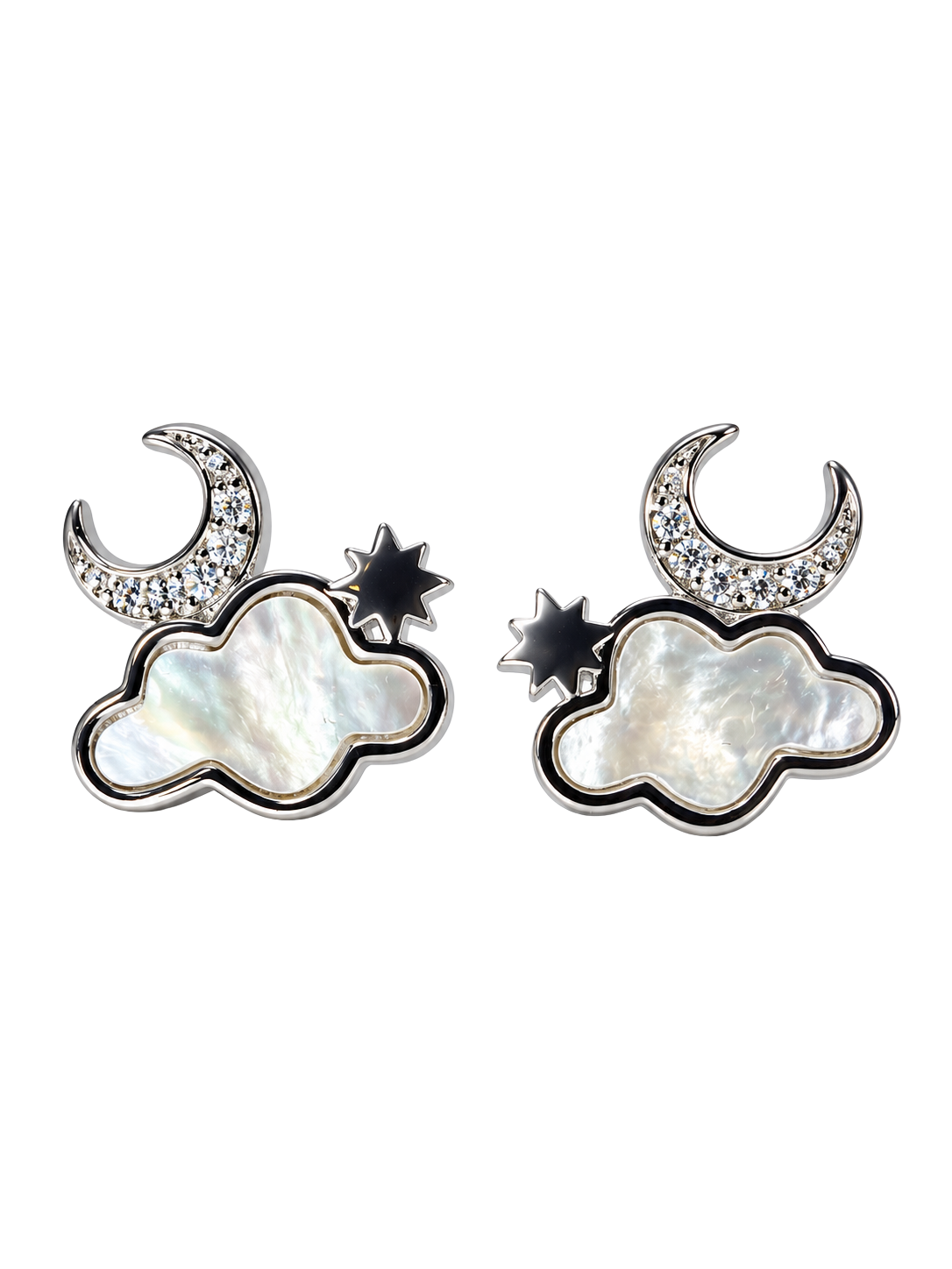 Celestial Moon & Cloud Silver Stud Earrings