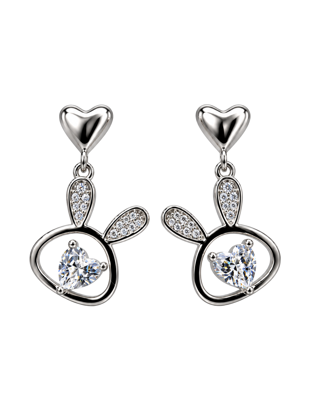 Crystal Heart Bunny Silver Drop Earrings