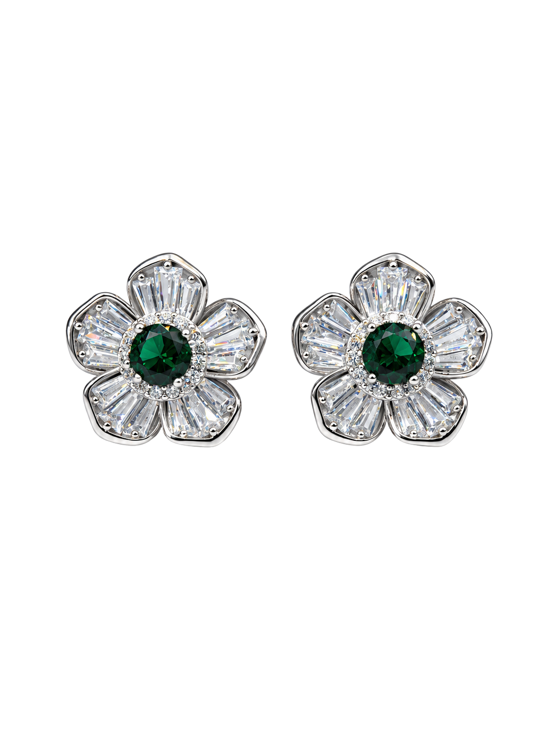 Emerald Green Baguette Crystal Floral Silver Stud Earrings