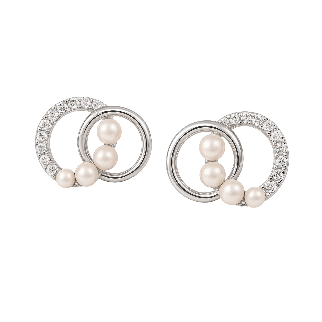 Silver Interlocking Circle Pearl Studs