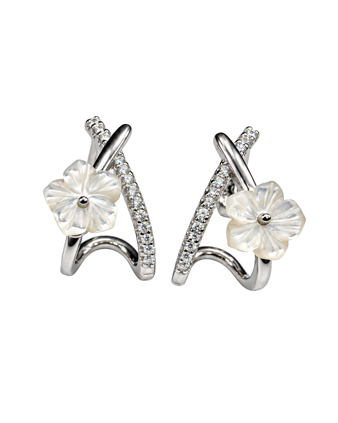 Luminous Pearl Flower Crystal Silver Earrings