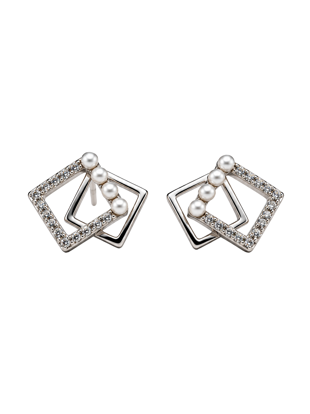 Pearl Geometric Double Square Silver Stud Earrings