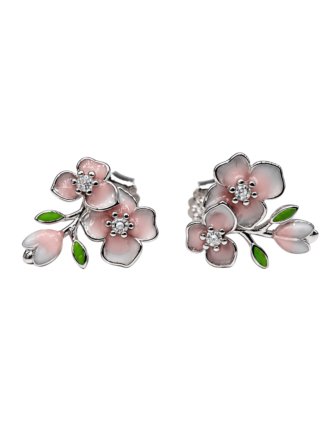 Sakura Pink Blossom Silver Stud Earrings
