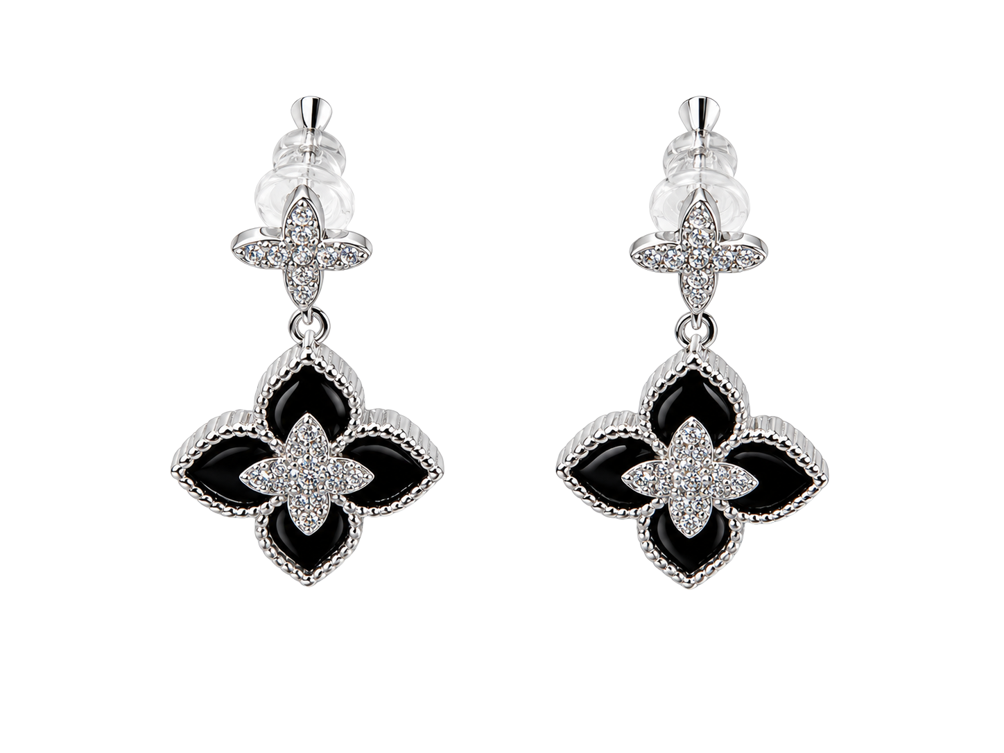 Silver Clover Black Studs Earring