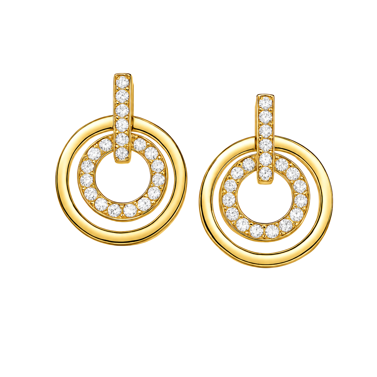 Gold Pave Double Circle Drop Earrings
