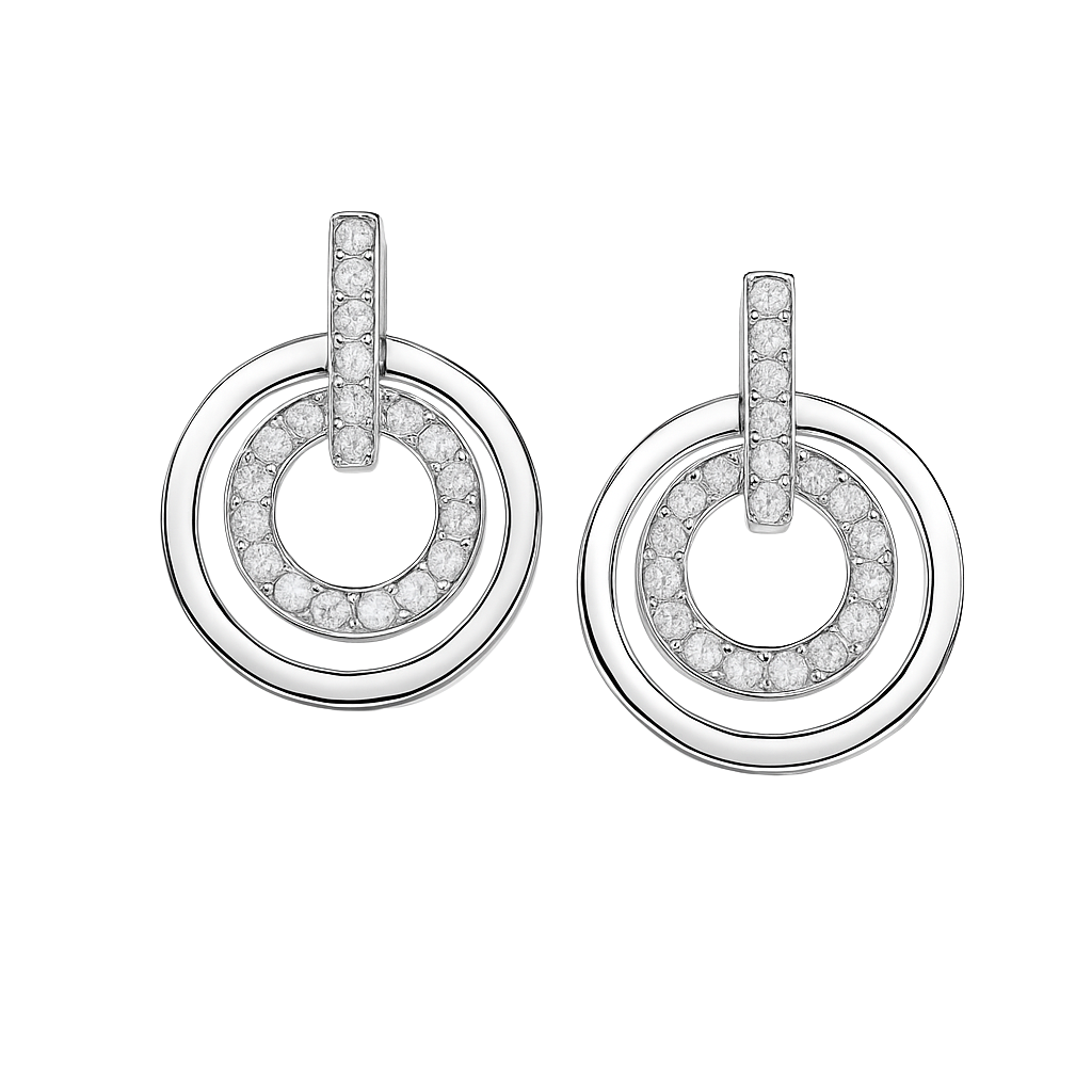 Silver Pave Double Circle Drop Earrings