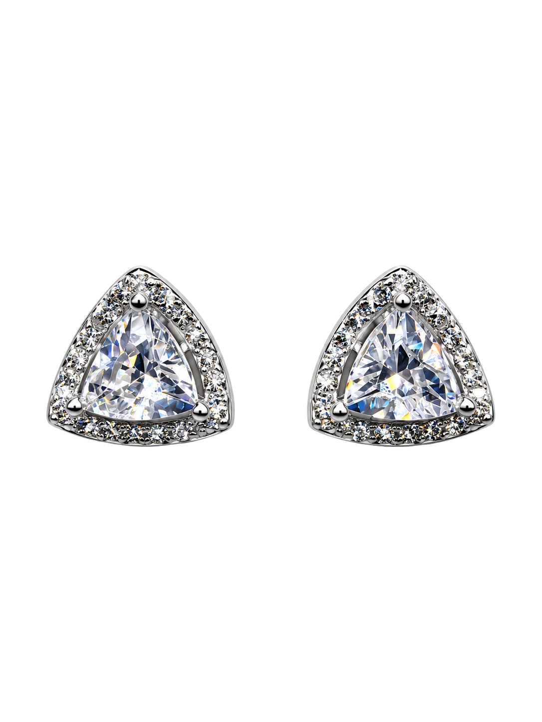Trillion Cut Crystal Halo Silver Stud Earrings