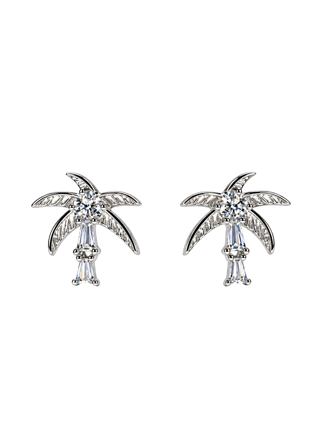 Tropical Palm Tree Crystal Silver Stud Earrings