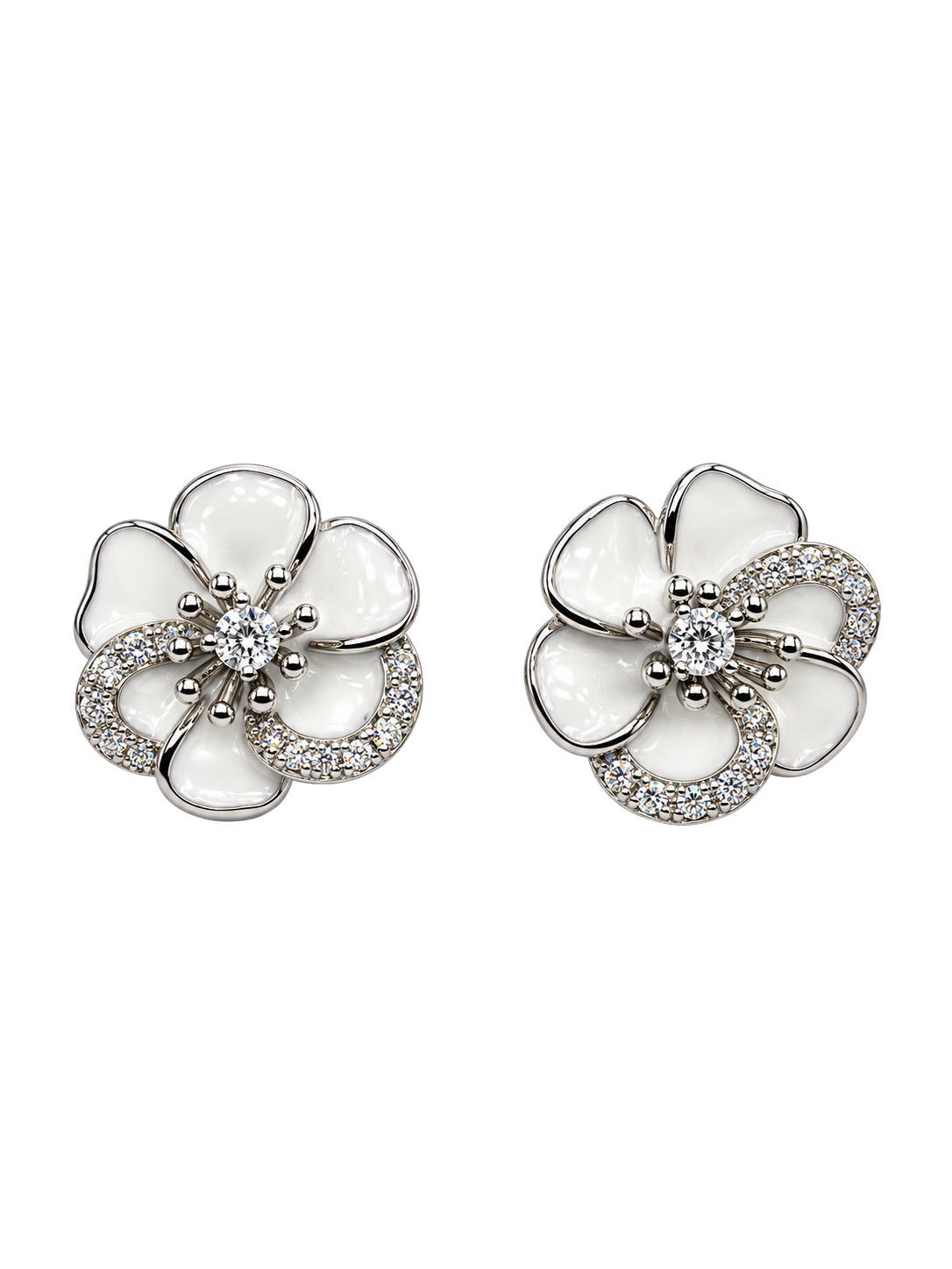 White Floral Crystal Silver Stud Earrings
