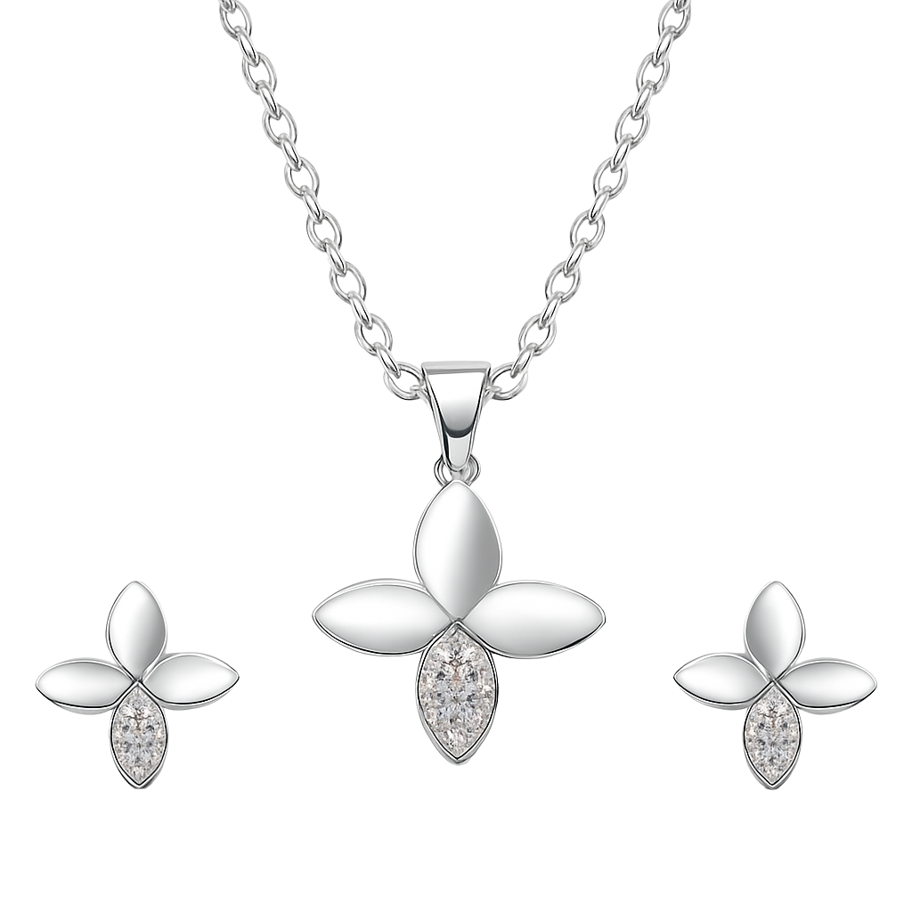 Silver Clover Leaf Pendant & Stud Set