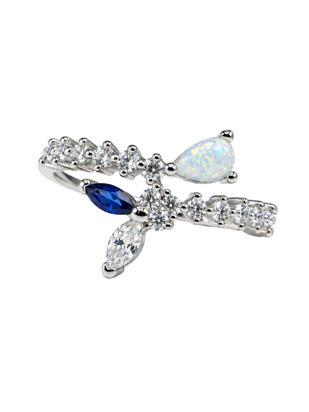 Aurora Opal Blue Crystal Silver Open Ring