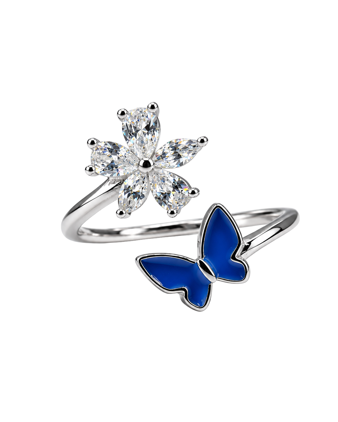 Blue Butterfly Crystal Flower Silver Open Ring