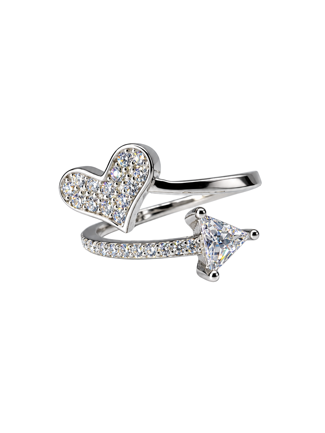 Crystal Heart and Triangle Solitaire Open Ring