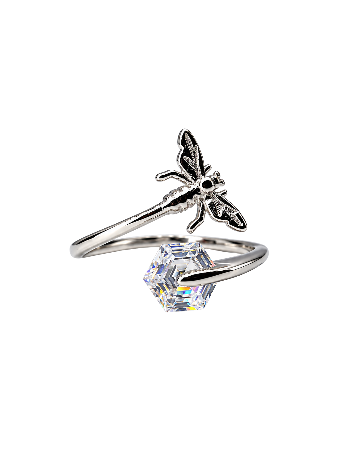 Dragonfly Crystal Hexagon Adjustable Silver Ring