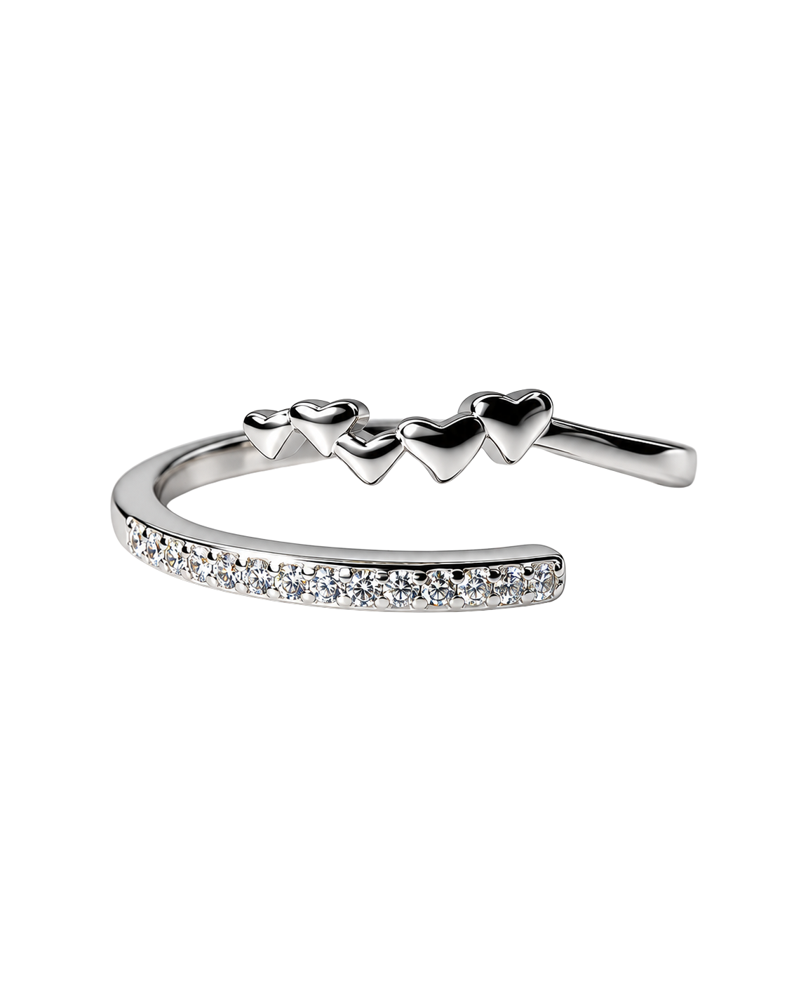 Five Heart Charm Pavé Crystal Open Silver Ring