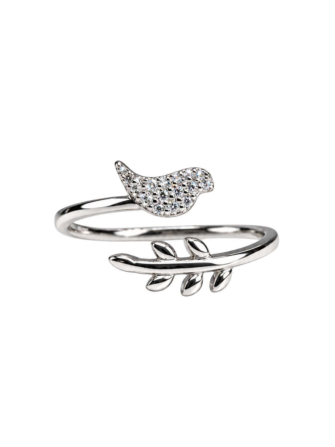 Pavé Bird on Branch Adjustable Open Silver Ring