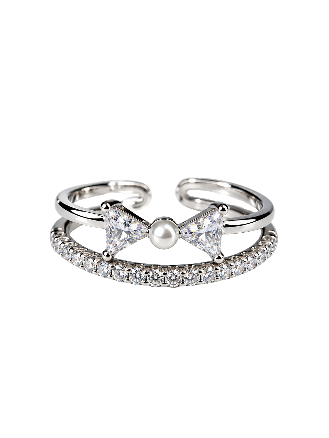Sparkling Crystal Bow Double Band Silver Ring